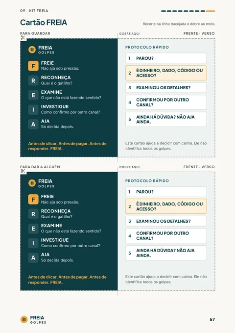 Página 57 do guia: Cartão FREIA para recortar, com os cinco passos e o protocolo rápido.